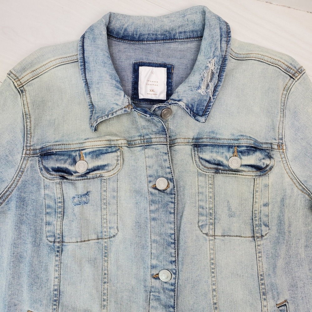 LC Lauren Conrad Light Wash Distressed Denim Trucker Jacket XXL Womens Western - Picture 2 of 11